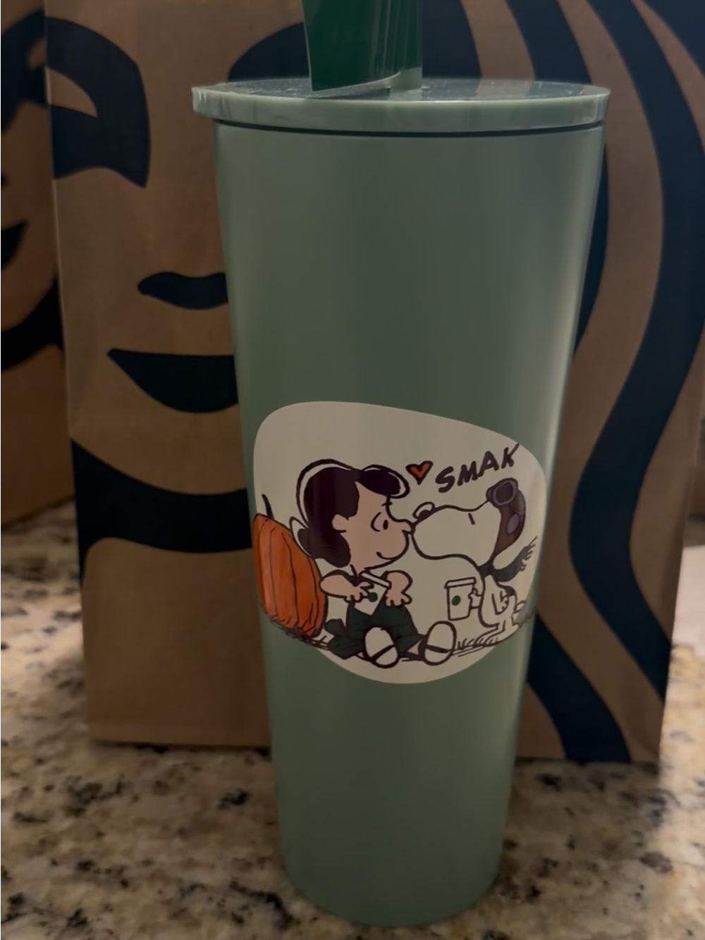 Limited Edition NWT Starbucks Mint Green Tumbler with Snoopy Cartoon Graphic - Picture 3 of 6